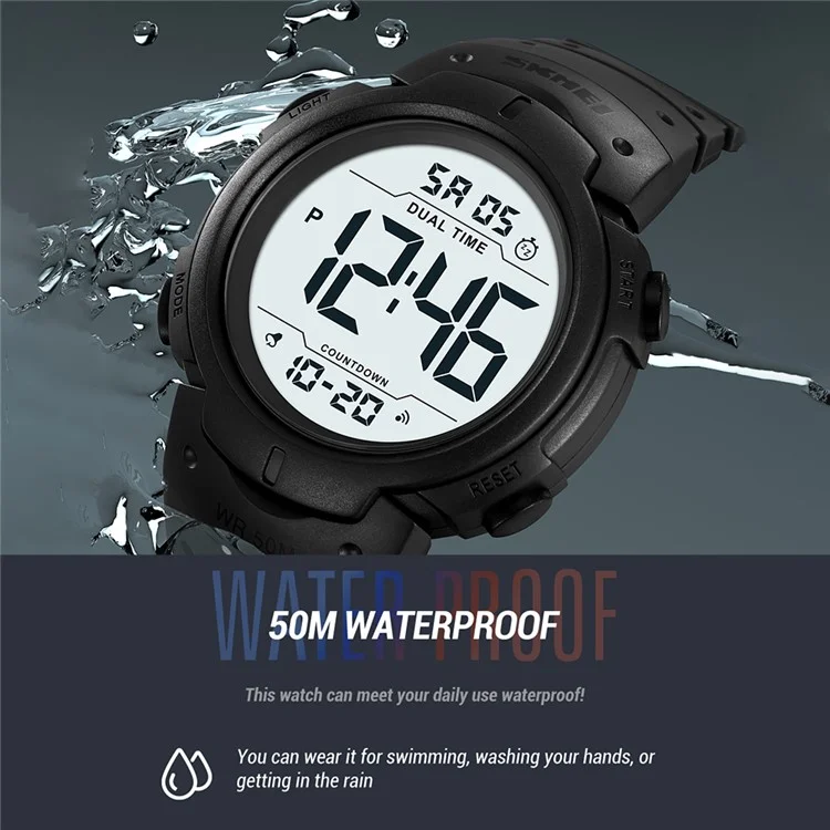 SKMEI 2304 Montre numérique multifonction pour extérieur avec double affichage horaire et rétroéclairage EL - Noir