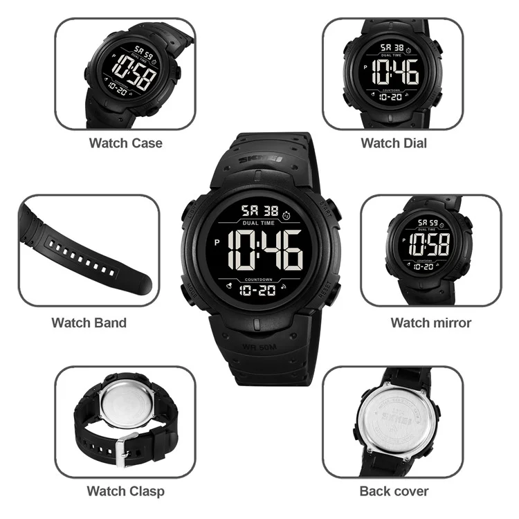 SKMEI 2304 Montre numérique multifonction pour extérieur avec double affichage horaire et rétroéclairage EL - Noir