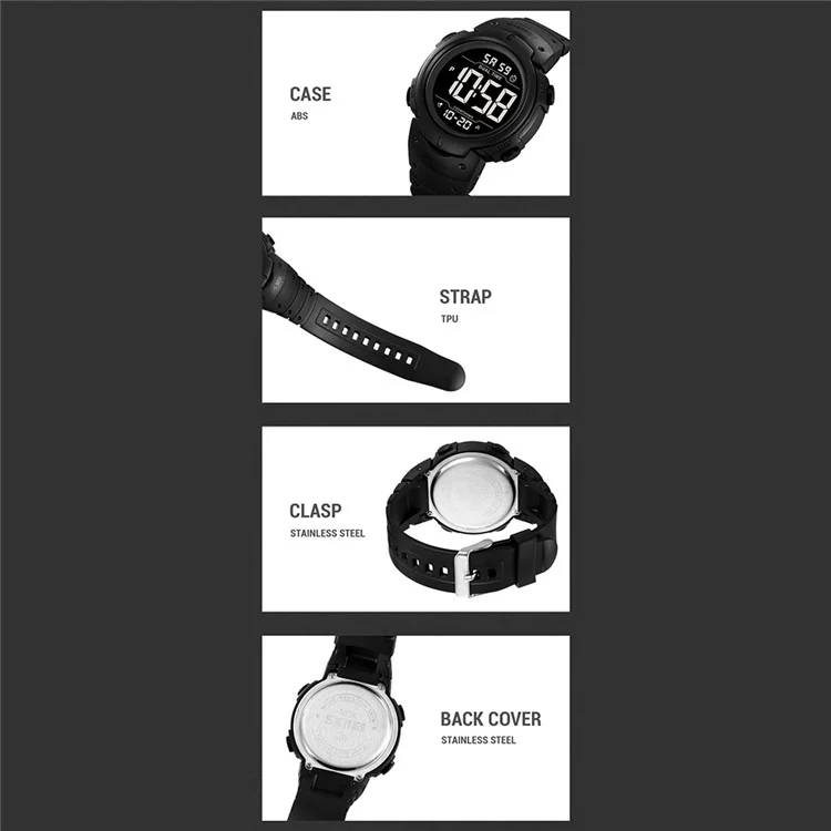 SKMEI 2304 Montre numérique multifonction pour extérieur avec double affichage horaire et rétroéclairage EL - Noir