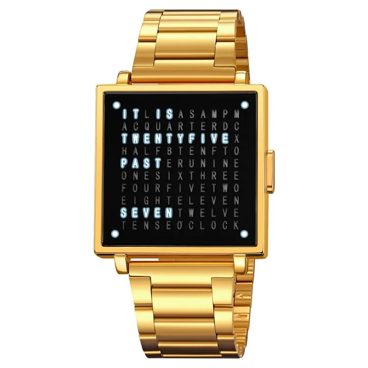 SKMEI 2312 Reloj Electrónico Multifuncional para Hombre con Visualización de Fecha, Digital Cuadrado - Correa de Oro / Acero