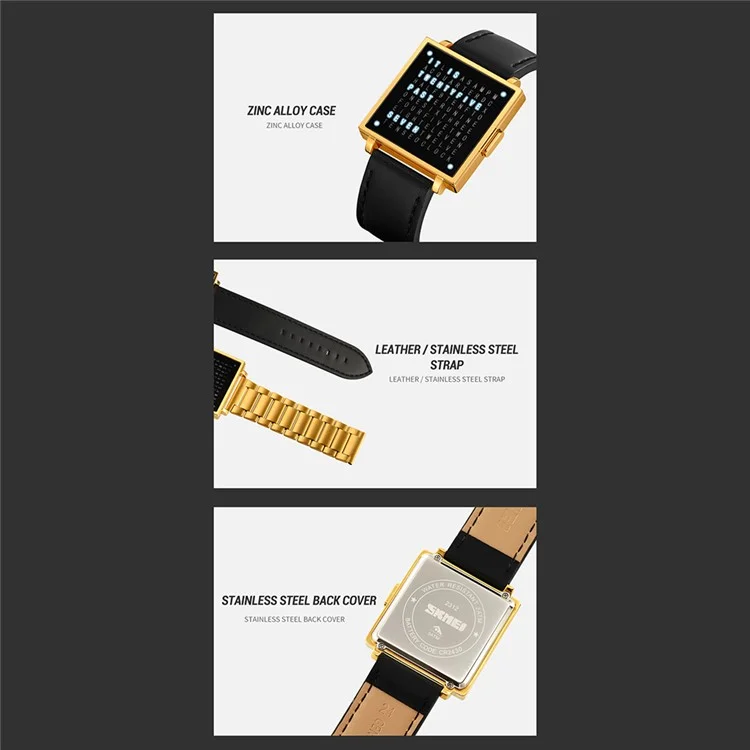 SKMEI 2312 Reloj Electrónico Multifuncional para Hombre con Visualización de Fecha, Digital Cuadrado - Correa de Oro / Acero