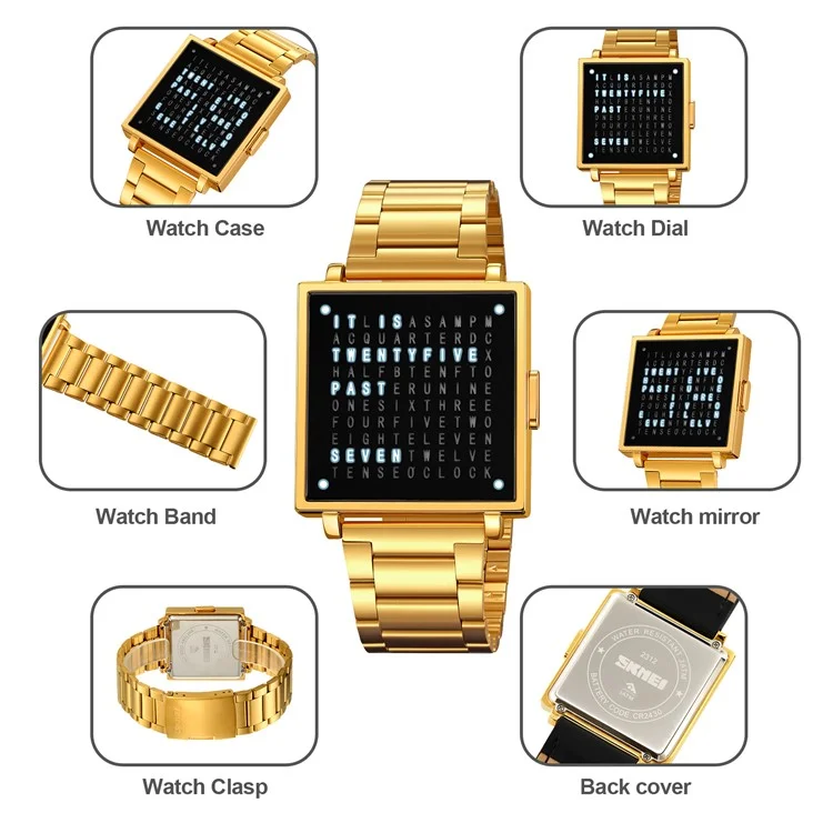SKMEI 2312 Reloj Electrónico Multifuncional para Hombre con Visualización de Fecha, Digital Cuadrado - Correa de Oro / Acero