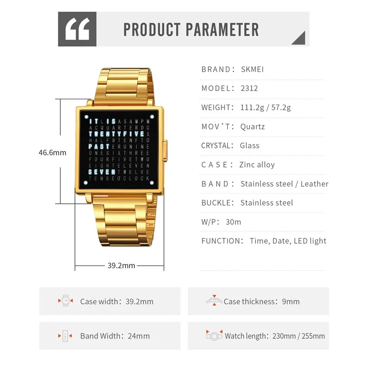SKMEI 2312 Reloj Electrónico Multifuncional para Hombre con Visualización de Fecha, Digital Cuadrado - Correa de Oro / Acero