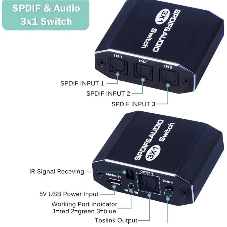 VG2 3x1 Audio-Umschalter SPDIF Optischer Schalter 3 Eingänge 1 Ausgang Digitaler Toslink-Selektor für Heimkinosysteme
