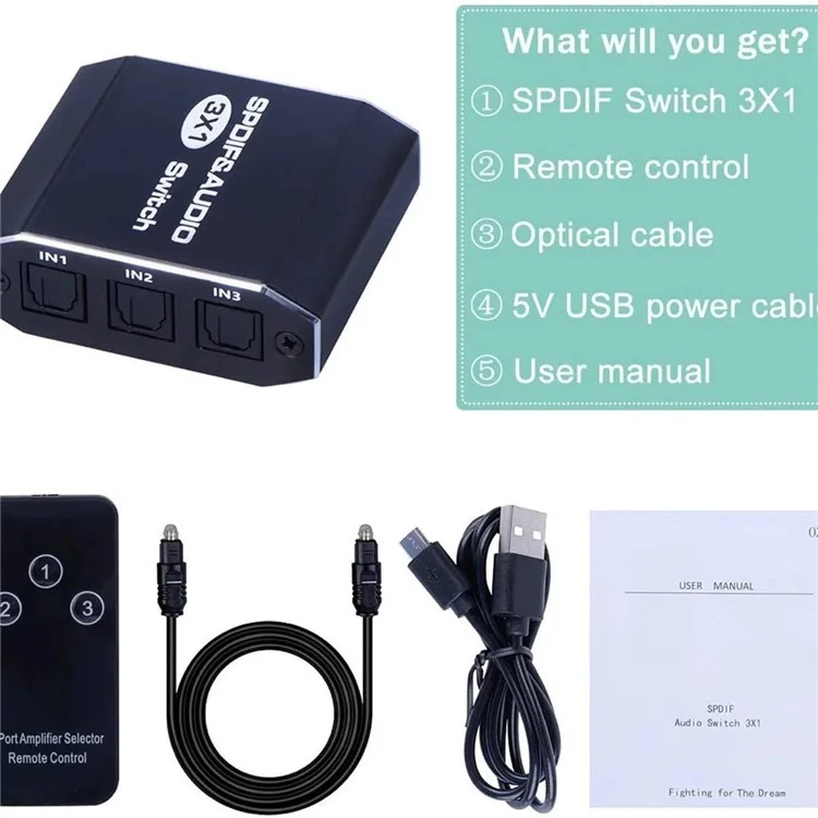 VG2 3x1 Audio-Umschalter SPDIF Optischer Schalter 3 Eingänge 1 Ausgang Digitaler Toslink-Selektor für Heimkinosysteme