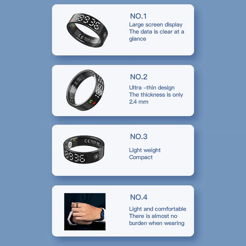 TK9 Digital Display Smart Ring Heart Rate Blood Pressure Sleep Monitor Waterproof Gesture Control Finger Ring - Black / Size 13