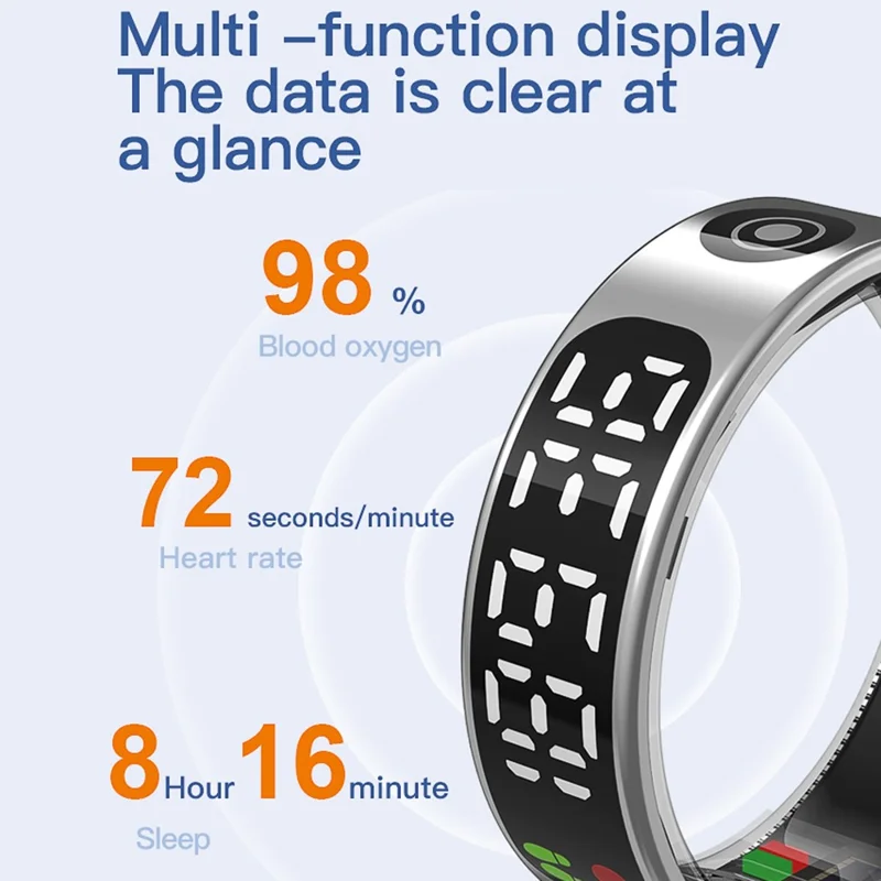 TK9 Digital Display Smart Ring Heart Rate Blood Pressure Sleep Monitor Waterproof Gesture Control Finger Ring - Silver / Size 9