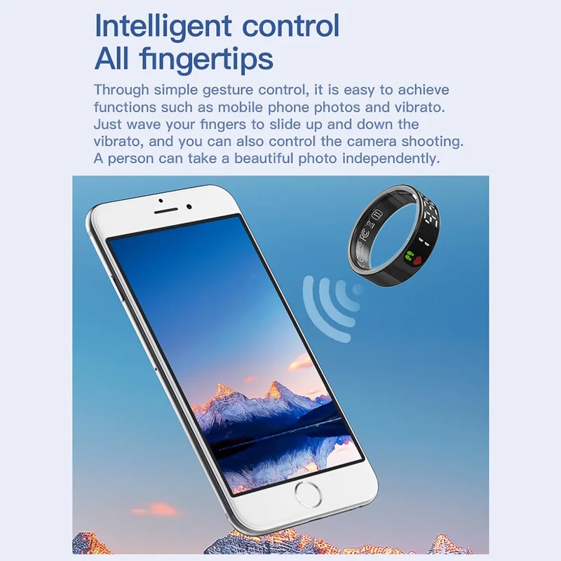 TK9 Digital Display Smart Ring Heart Rate Blood Pressure Sleep Monitor Waterproof Gesture Control Finger Ring - Silver / Size 9