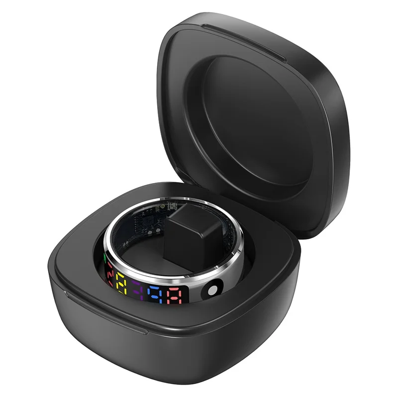 R12 5ATM Waterproof Digital Display Smart Ring Sleep Tracker Blood Oxygen Heart Rate Monitor with Charging Case - Silver  /  Size 9