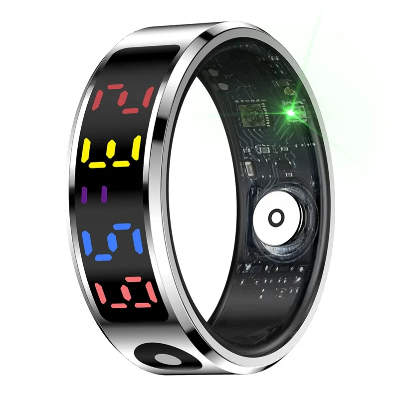 R12 5ATM Waterproof Digital Display Smart Ring Sleep Tracker Blood Oxygen Heart Rate Monitor with Charging Case - Silver  /  Size 9