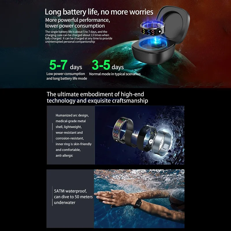 R12 5ATM Waterproof Digital Display Smart Ring Sleep Tracker Blood Oxygen Heart Rate Monitor with Charging Case - Silver  /  Size 9