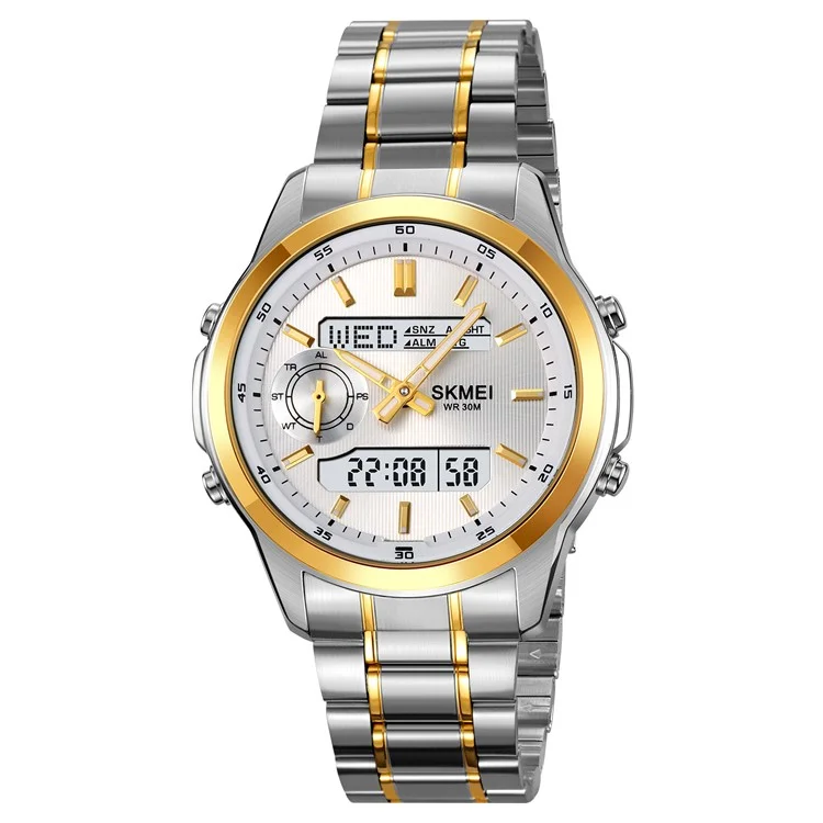 SKMEI 2284 Luxury Business Men Watch Dual Display Steel Band Quartz Wristwatch with LED Backlight - Gold Splicing