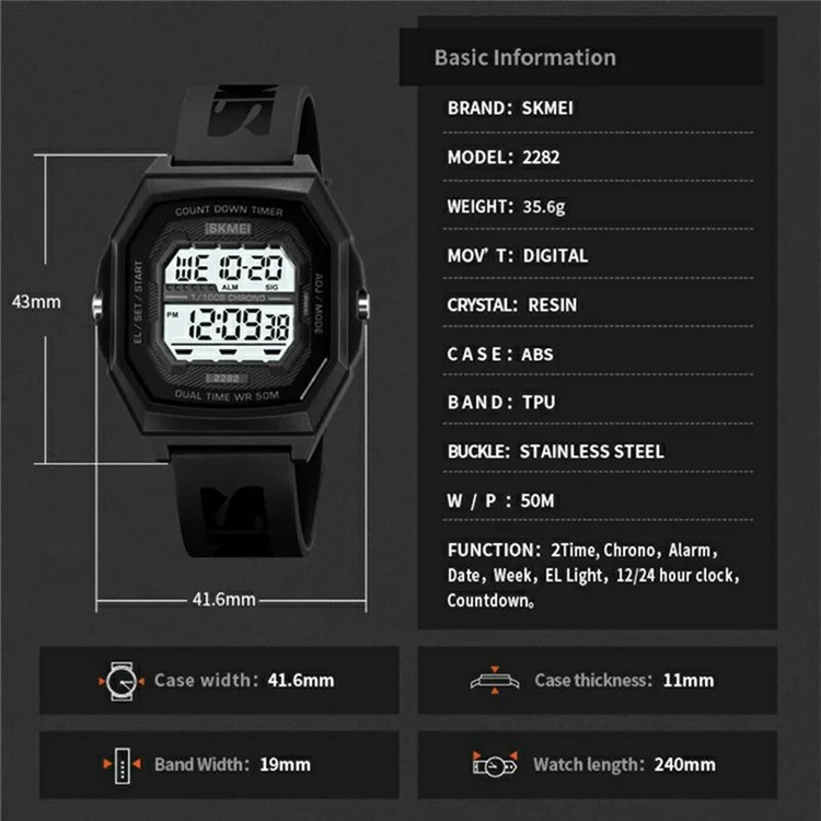 SKMEI 2282 Outdoor Sports Electronic Watch Waterproof Countdown Chronograph with EL Backlit - Army Green