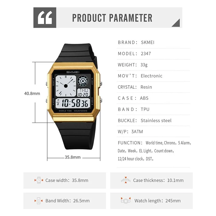 SKMEI 2347 Montre électronique carrée multifonction pour hommes, style sport étudiant, avec rétroéclairage EL - Or+Noir