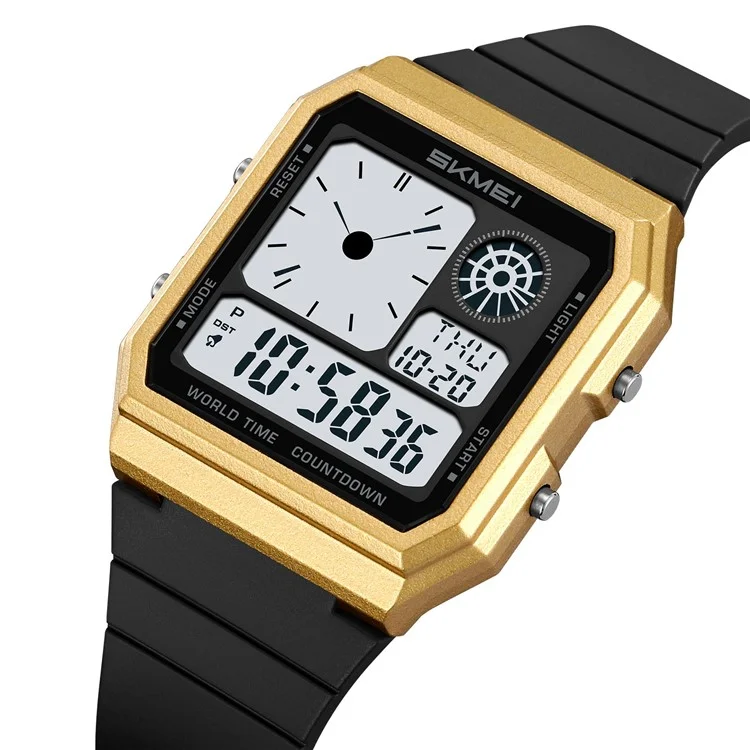 SKMEI 2347 Montre électronique carrée multifonction pour hommes, style sport étudiant, avec rétroéclairage EL - Or+Noir