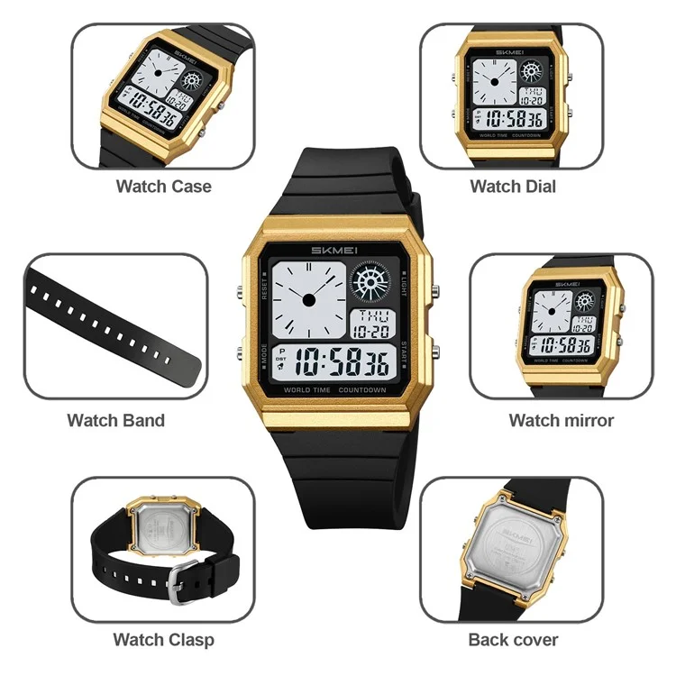 SKMEI 2347 Montre électronique carrée multifonction pour hommes, style sport étudiant, avec rétroéclairage EL - Or+Noir