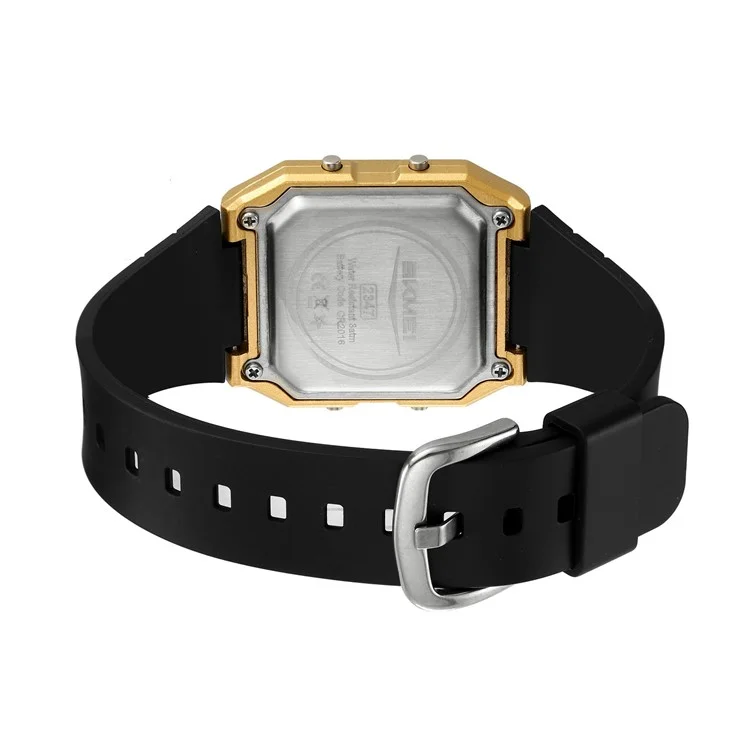 SKMEI 2347 Montre électronique carrée multifonction pour hommes, style sport étudiant, avec rétroéclairage EL - Or+Noir
