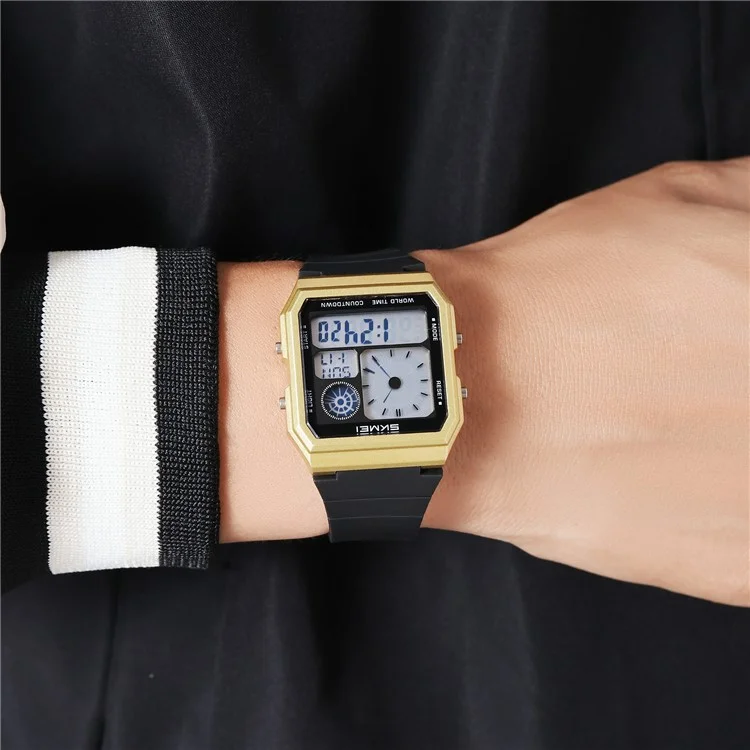 SKMEI 2347 Montre électronique carrée multifonction pour hommes, style sport étudiant, avec rétroéclairage EL - Or+Noir