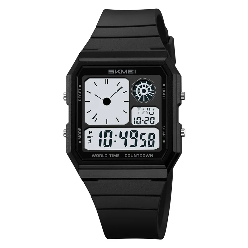 SKMEI 2347 Square Electronic Watch for Men Multifunction Sports Student Wristwatch with EL Backlit - Black+White