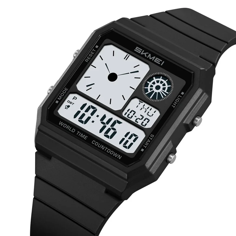 SKMEI 2347 Square Electronic Watch for Men Multifunction Sports Student Wristwatch with EL Backlit - Black+White