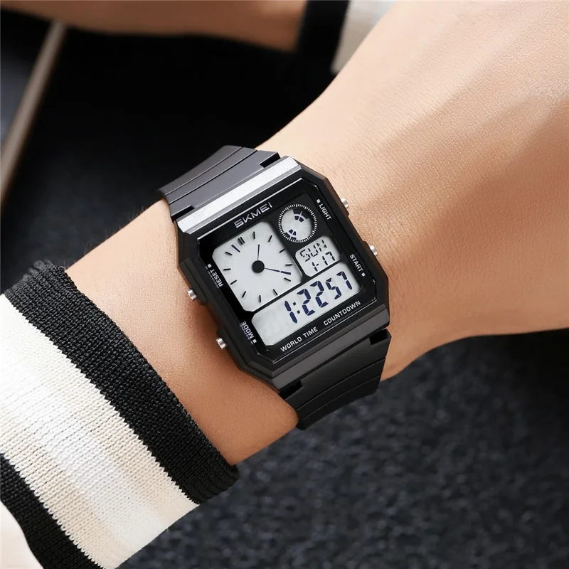 SKMEI 2347 Square Electronic Watch for Men Multifunction Sports Student Wristwatch with EL Backlit - Black+White