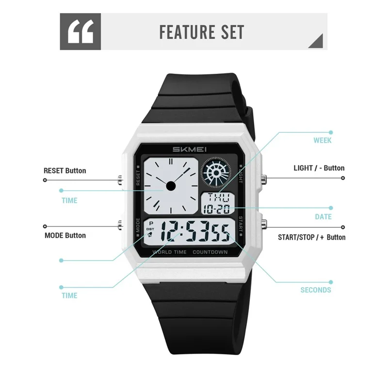 SKMEI 2347 Square Electronic Watch for Men Multifunction Sports Student Wristwatch with EL Backlit - Black+White