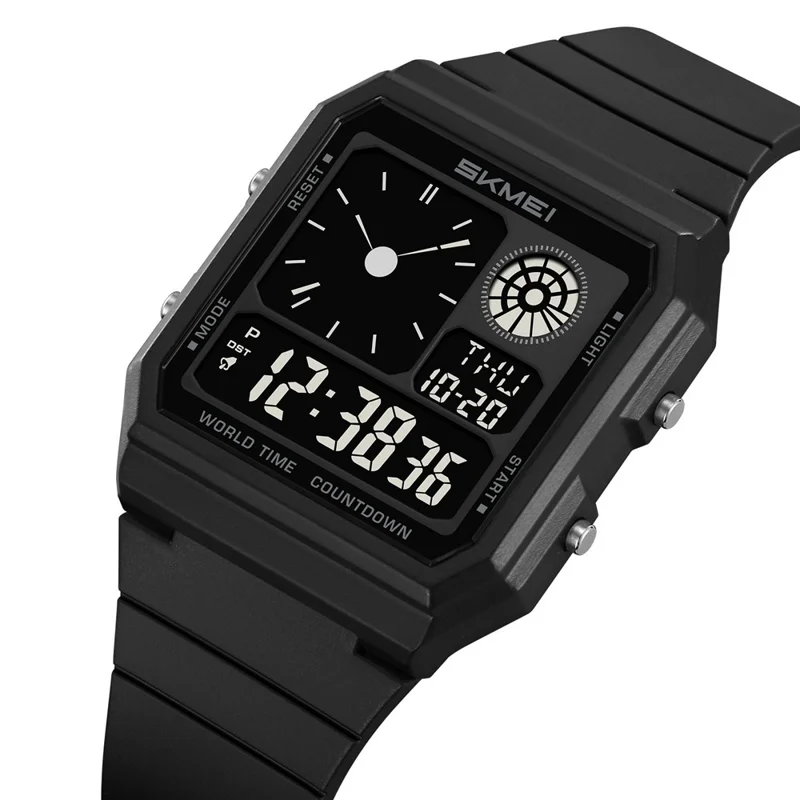 SKMEI 2347 Square Electronic Watch for Men Multifunction Sports Student Wristwatch with EL Backlit - Black+Black