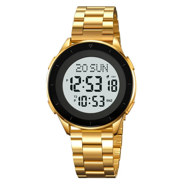 SKMEI 2302 Modische Elektronische Uhr mit Digitalanzeige, Stoppuhr, Wecker und Edelstahlband - Gold+Weiß