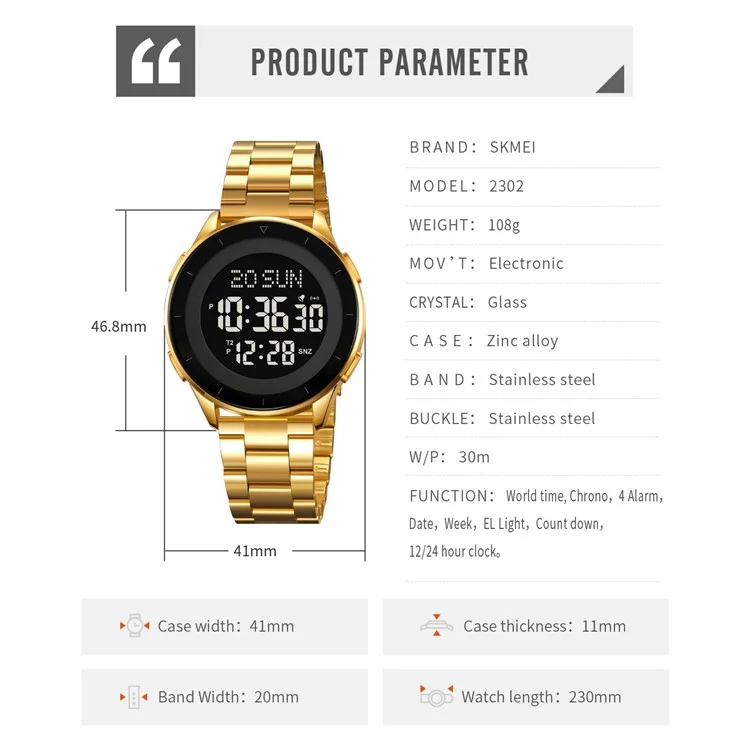 SKMEI 2302 Modische Elektronische Uhr mit Digitalanzeige, Stoppuhr, Wecker und Edelstahlband - Gold+Weiß