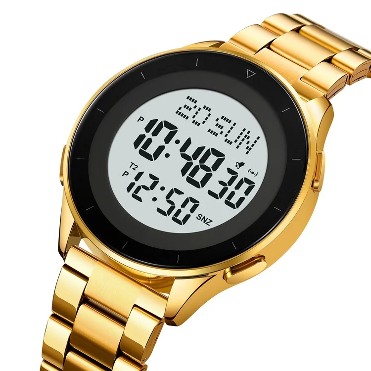 SKMEI 2302 Modische Elektronische Uhr mit Digitalanzeige, Stoppuhr, Wecker und Edelstahlband - Gold+Weiß