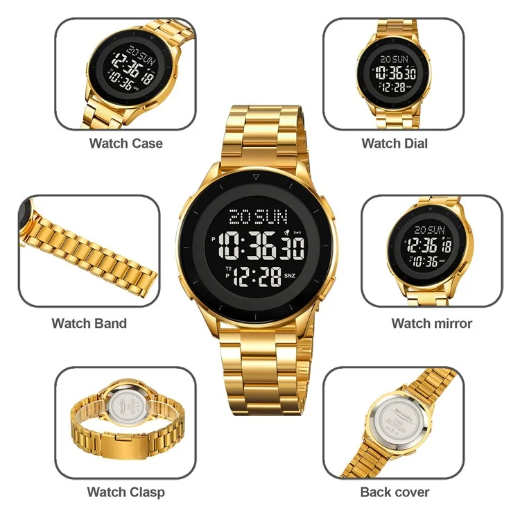 SKMEI 2302 Modische Elektronische Uhr mit Digitalanzeige, Stoppuhr, Wecker und Edelstahlband - Gold+Weiß