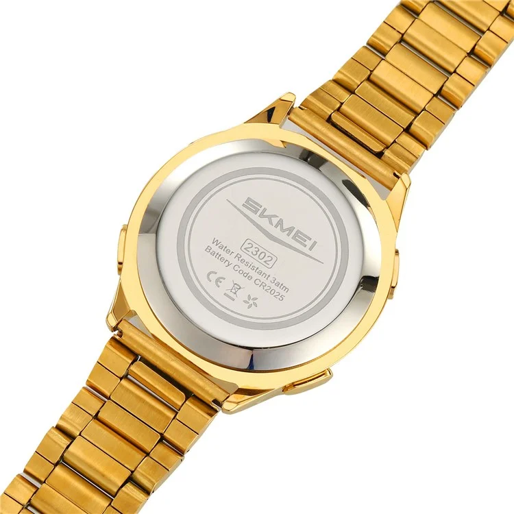 SKMEI 2302 Modische Elektronische Uhr mit Digitalanzeige, Stoppuhr, Wecker und Edelstahlband - Gold+Weiß