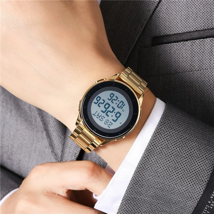 SKMEI 2302 Modische Elektronische Uhr mit Digitalanzeige, Stoppuhr, Wecker und Edelstahlband - Gold+Weiß
