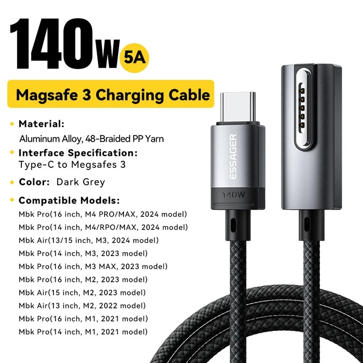 ESSAGER ES-X69 Cavo di ricarica magnetico da 2m per MacBook Pro / Air USB-C compatibile con Magsafe 3 140W Cavo di ricarica rapida