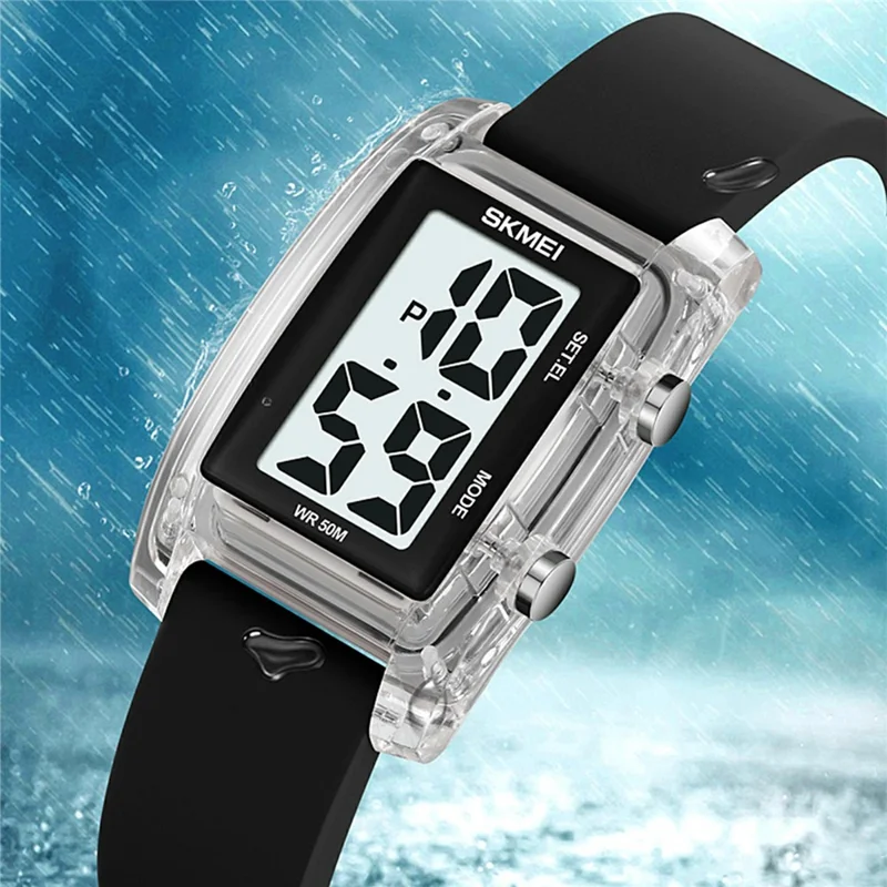 SKMEI 2325 Student Digital Watch Silicone Strap Square Electronic Wristwatch with EL Backlight - Transparent White+Orange