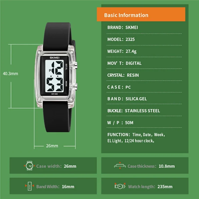SKMEI 2325 Student Digital Watch Silicone Strap Square Electronic Wristwatch with EL Backlight - Transparent White+Orange