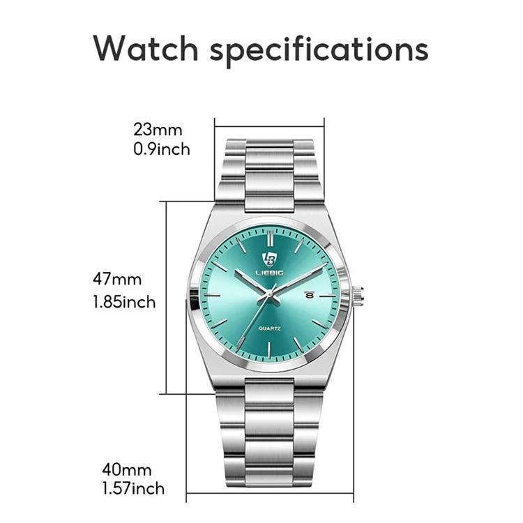 LIEBIG L1088 Business Men Steel Band Quartz Watch with Calendar Luminous Timepiece - Silver+Cyan