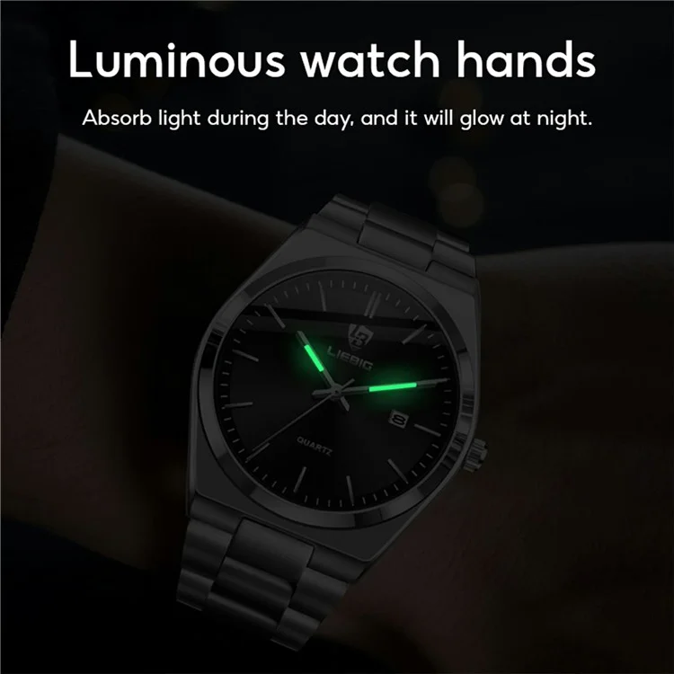LIEBIG L1088 Business Men Steel Band Quartz Watch with Calendar Luminous Timepiece - Silver+Cyan