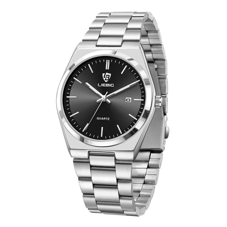 Reloj de Cuarzo LIEBIG L1088 para Caballeros de Negocios, con Correa de Acero, Calendario y Esfera Luminosa - Plata+Negro