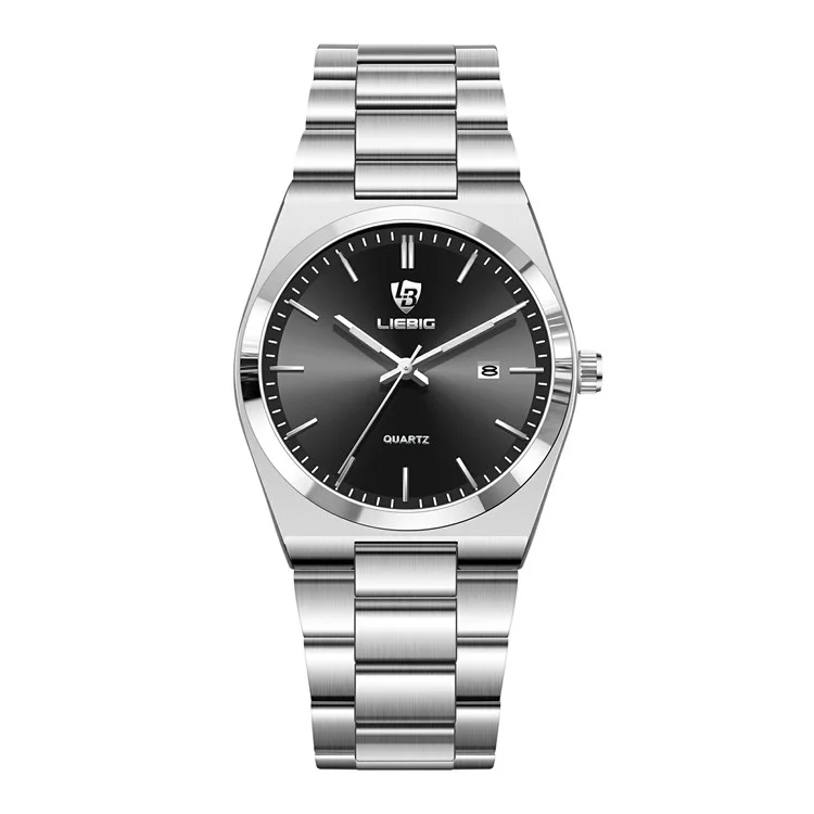 Reloj de Cuarzo LIEBIG L1088 para Caballeros de Negocios, con Correa de Acero, Calendario y Esfera Luminosa - Plata+Negro