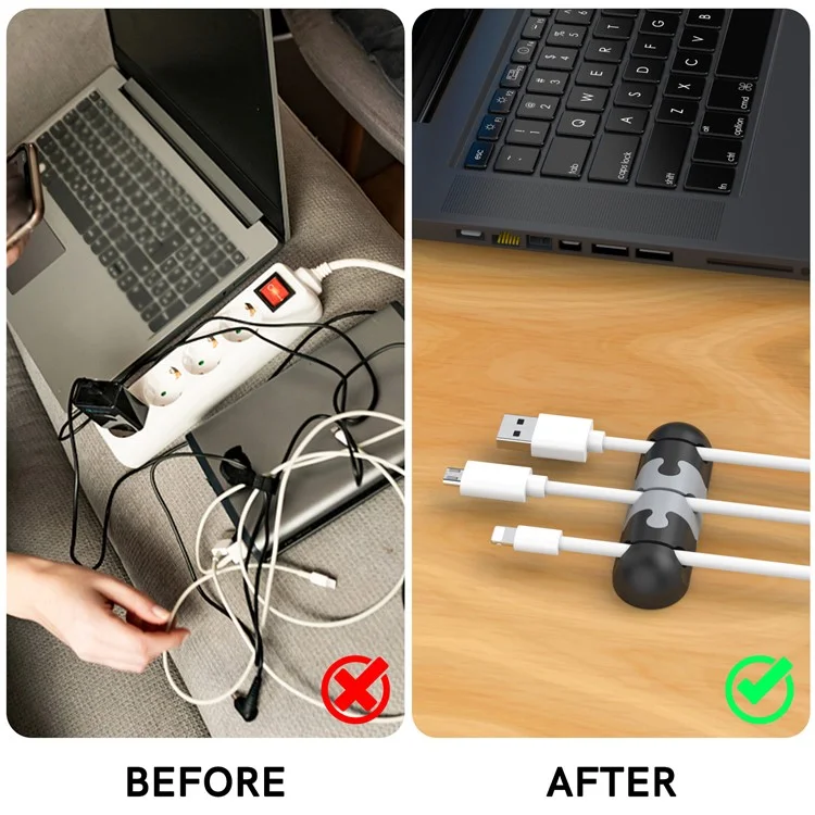 Organizador de Cabos de Mesa AHASTYLE PT-WE19 Sistema de Gerenciamento de Cabos em Silicone com Clipe - Preto / Cinza