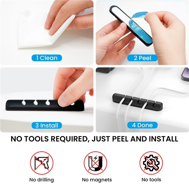 AHASTYLE WG144 Clipe de Silicone para Organização de Cabos com 5 Furos e Adesivo - Preto