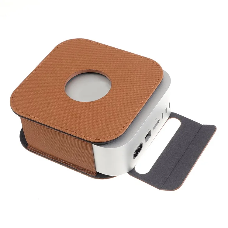 For Apple Mac Mini M4  /  M4 Pro Leather Case Protective Cover with Silicone Cable Ties - Brown