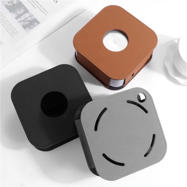 For Apple Mac Mini M4  /  M4 Pro Leather Case Protective Cover with Silicone Cable Ties - Brown