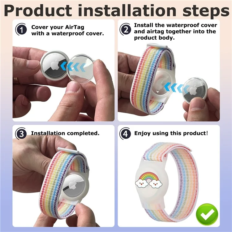 For AirTag Tracker Protective Case Cartoon TPU Cover Nylon Magic Tape Wristband with Protective Films - Rainbow