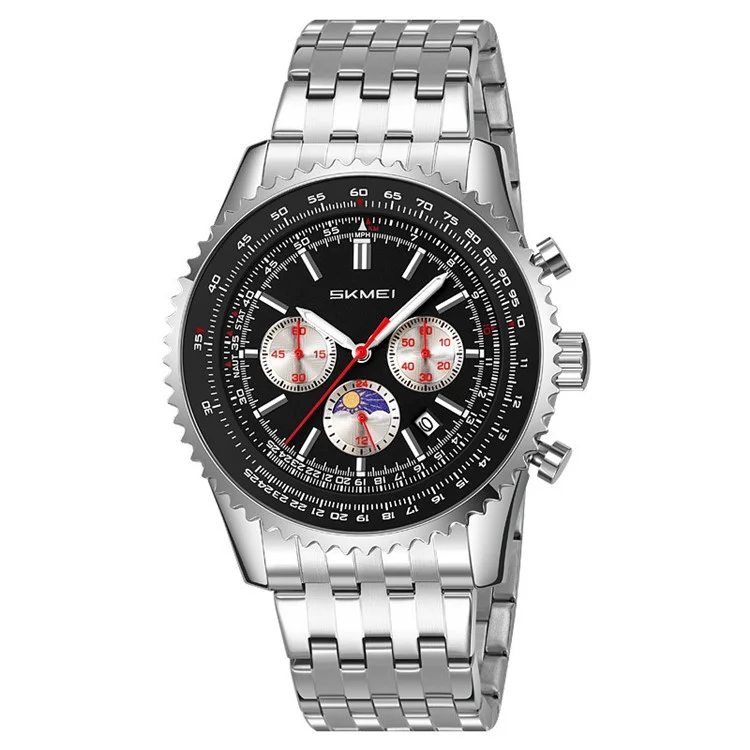 SKMEI 9348 Multifunktionale Quarz-Armbanduhr mit drei Zifferblättern, Edelstahlband, wasserdicht - Schwarz