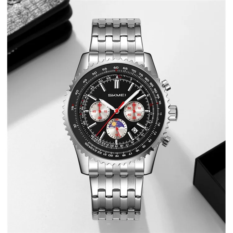 SKMEI 9348 Multifunktionale Quarz-Armbanduhr mit drei Zifferblättern, Edelstahlband, wasserdicht - Schwarz