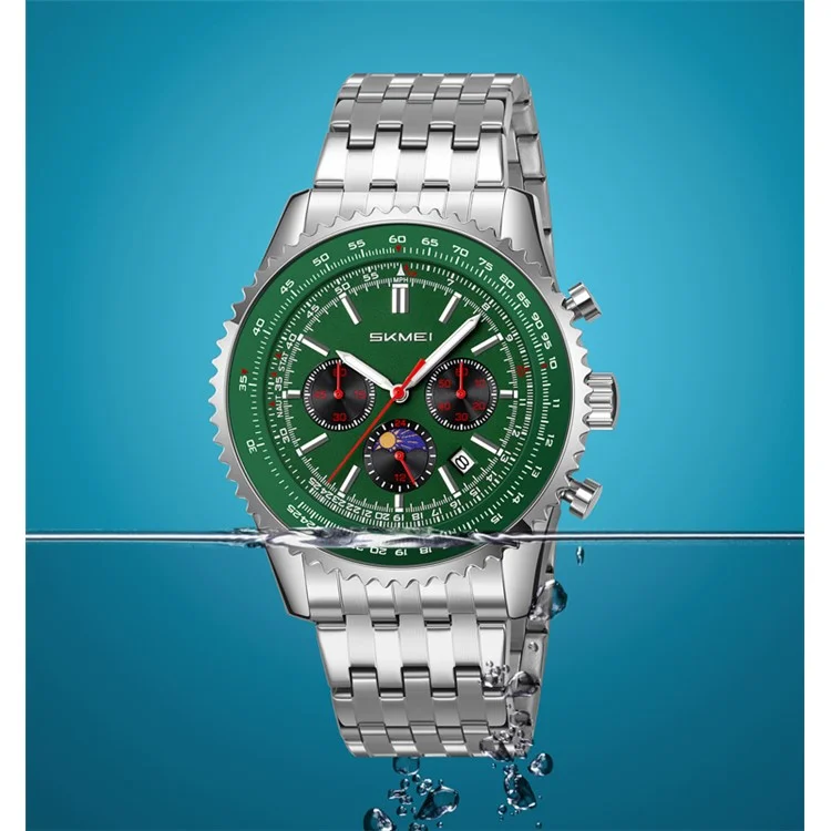 SKMEI 9348 Multifunktionale Quarz-Armbanduhr mit drei Zifferblättern, Edelstahlband, wasserdicht - Schwarz