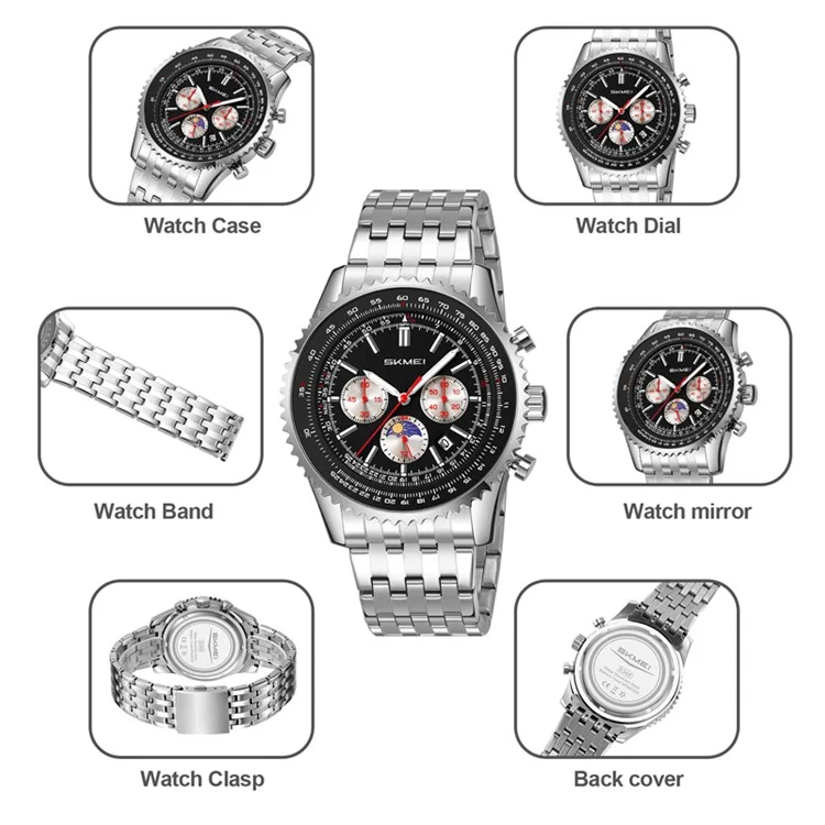 SKMEI 9348 Multifunktionale Quarz-Armbanduhr mit drei Zifferblättern, Edelstahlband, wasserdicht - Schwarz