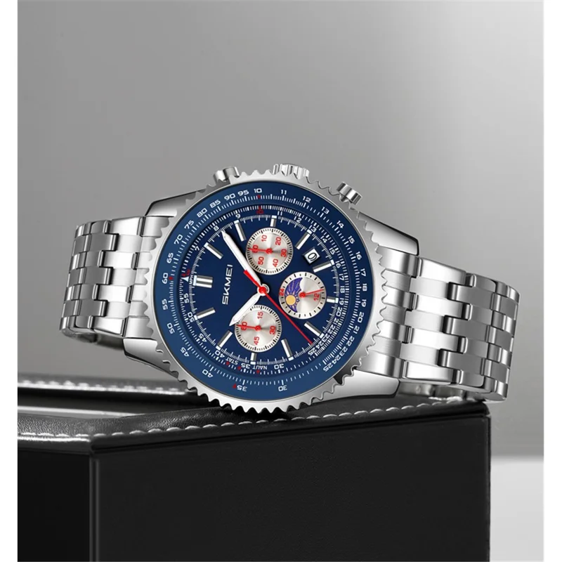 SKMEI 9348 Multifunctional Quartz Watch Three Small Dials Stainless Steel Band Waterproof Watch - Blue